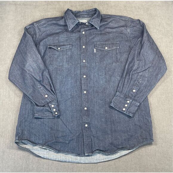 Carhartt Denim Western Shirt Men 3XL Tall Blue Pearl Snap Workwear Cowboy Core - Picture 1 of 8